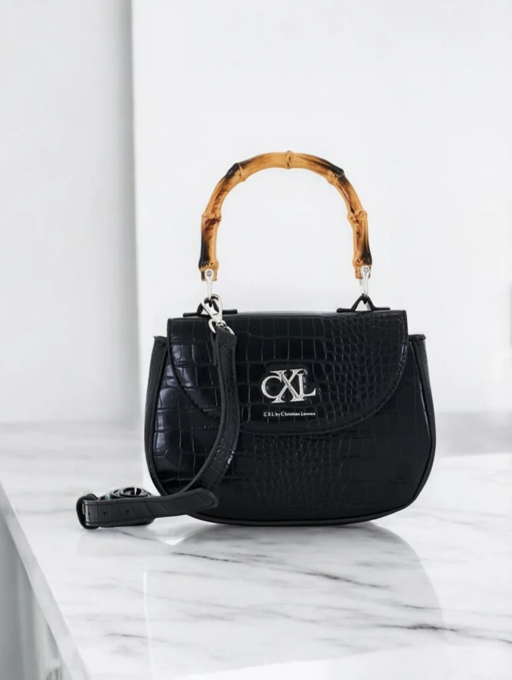 Christian Lacroix Black Croc-Embossed Mini Bag with Bamboo Top Handle - Picture 1 of 4
